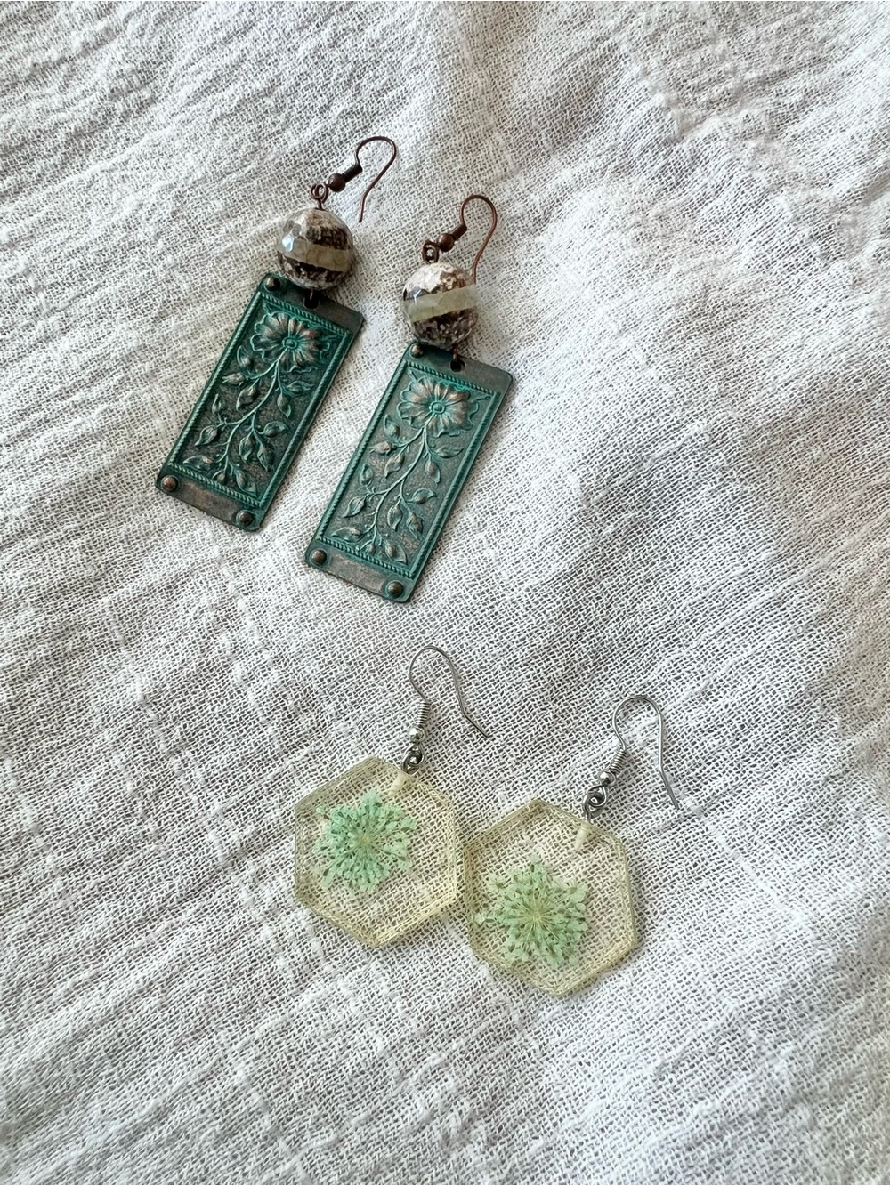 Mixed Boho Earrings Set — Turquoise Patina & Pale Green Hexagon